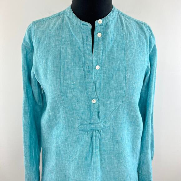 J Crew Baird McNutt Irish Linen Turquoise Blue Long Sleeves Popover Top Size 0 - Picture 2 of 12
